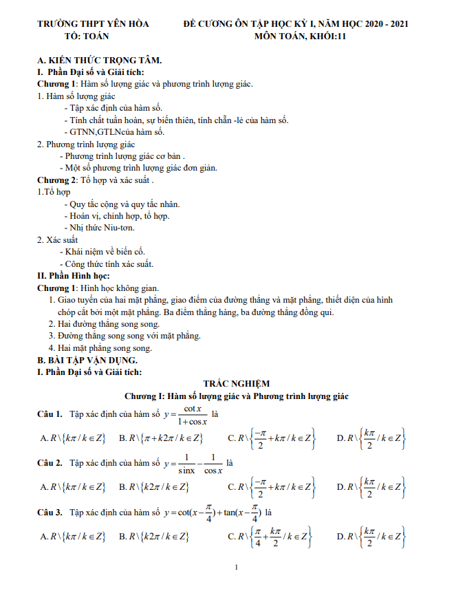 Đề cương ôn tập học kỳ 1 Toán 11 năm 2020 – 2021 trường THPT Yên Hòa – Hà Nội