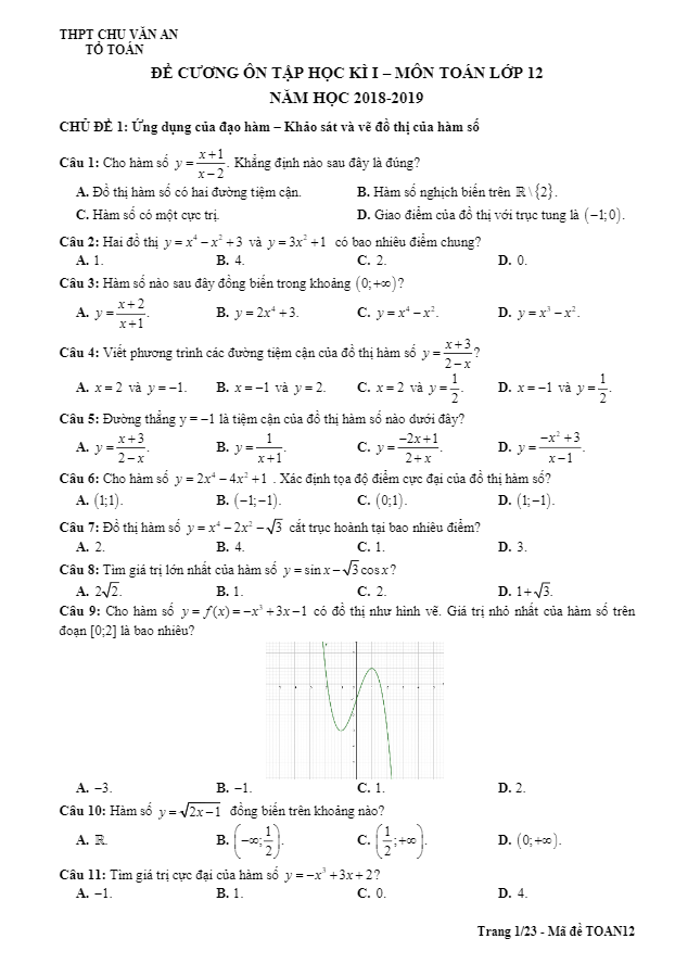 Đề cương ôn tập học kỳ 1 Toán 12 năm 2018 – 2019 trường THPT Chu Văn An – Hà Nội