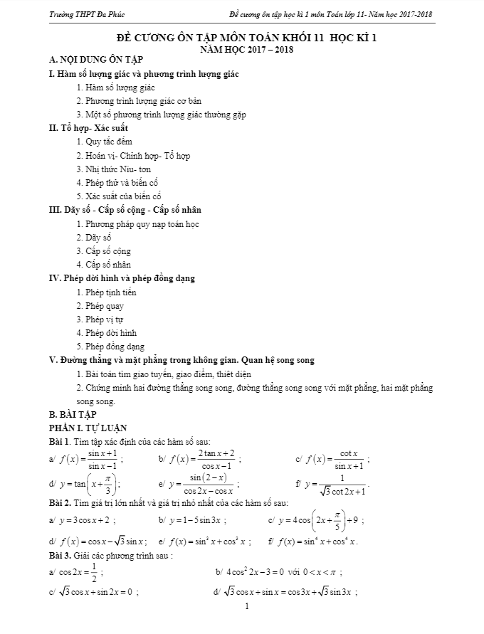 Đề cương ôn tập môn Toán 11 học kỳ 1 năm học 2017 – 2018 trường THPT Đa Phúc – Hà Nội