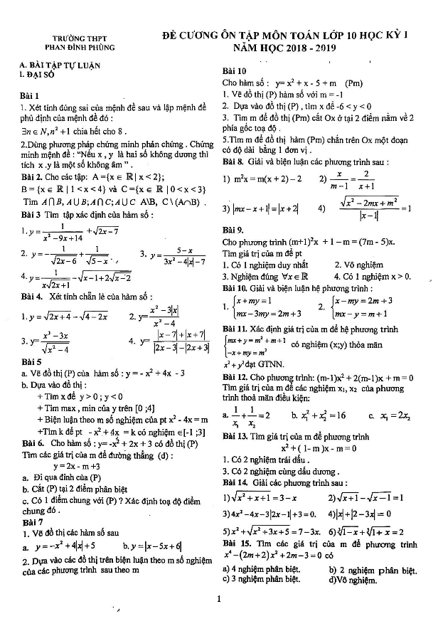 Đề cương ôn tập Toán 10 HKI năm 2018 – 2019 trường Phan Đình Phùng – Hà Nội