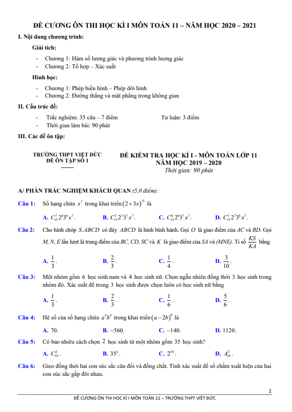 Đề cương ôn thi học kì 1 Toán 11 năm 2020 – 2021 trường THPT Việt Đức – Hà Nội