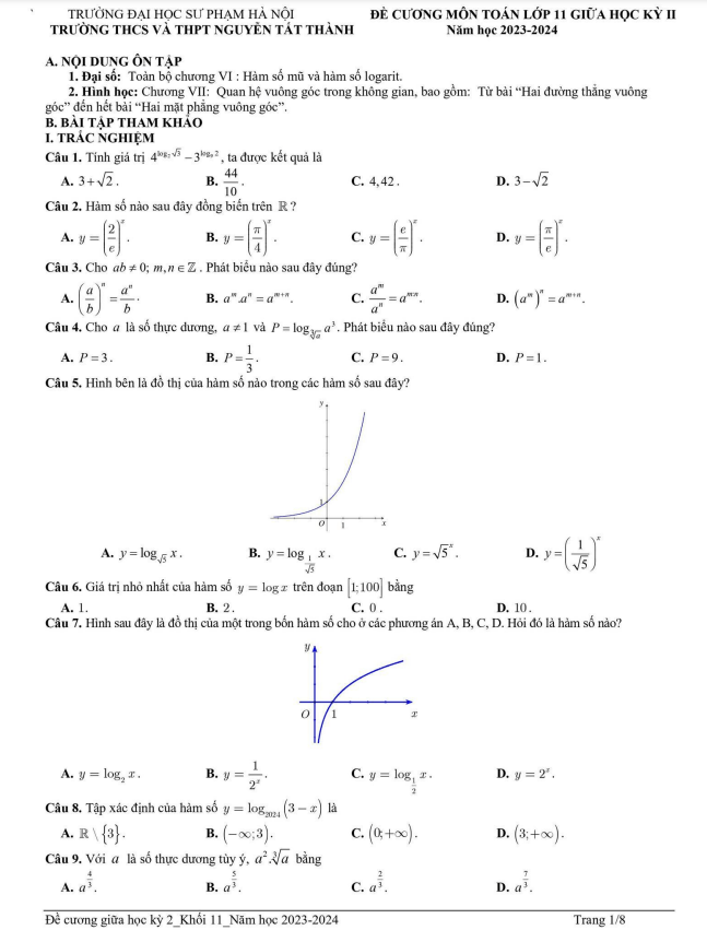 Đề cương Toán 11 giữa kỳ 2 năm 2023 – 2024 trường Nguyễn Tất Thành – Hà Nội