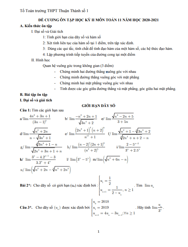 Đề cương Toán 11 học kì 2 năm 2020 – 2021 trường Thuận Thành 1 – Bắc Ninh