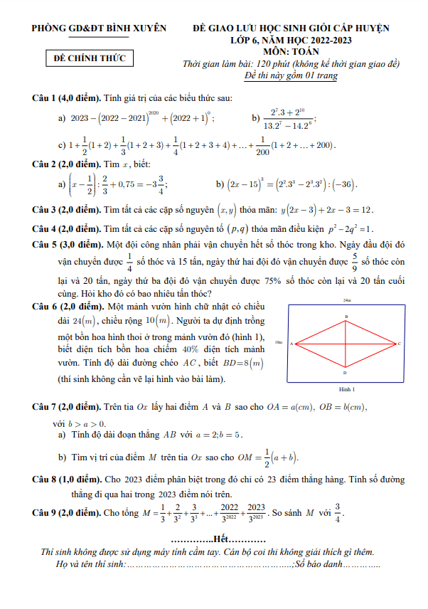 Đề giao lưu HSG Toán 6 năm 2022 – 2023 phòng GD&ĐT Bình Xuyên – Vĩnh Phúc
