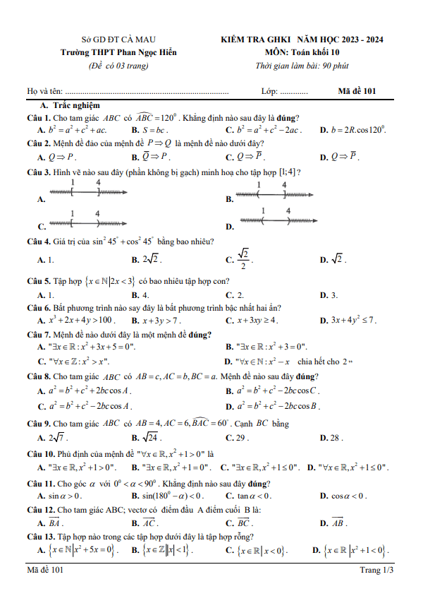 Đề giữa HK1 Toán 10 năm 2023 – 2024 trường THPT Phan Ngọc Hiển – Cà Mau
