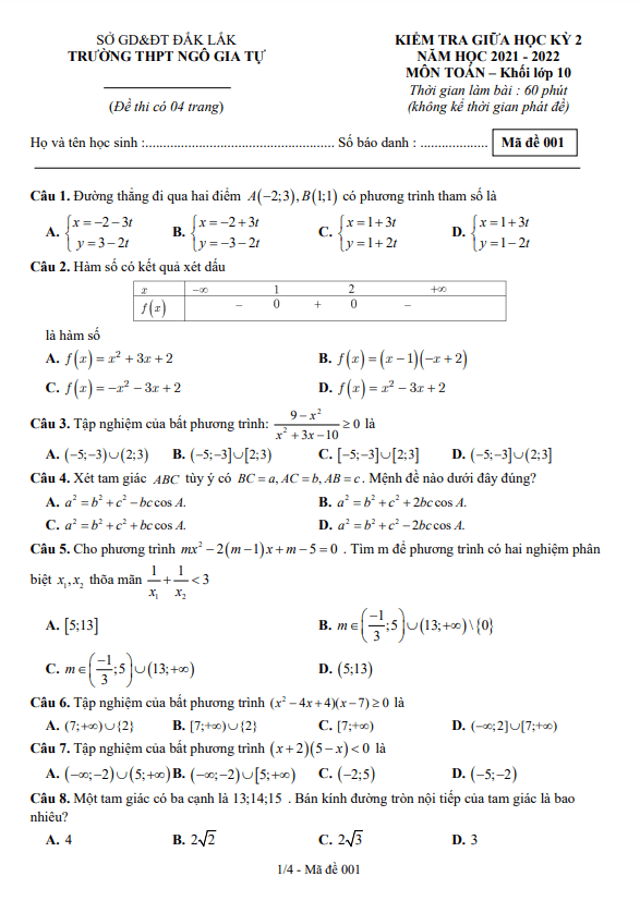 Đề giữa HK2 Toán 10 năm 2021 – 2022 trường THPT Ngô Gia Tự – Đắk Lắk