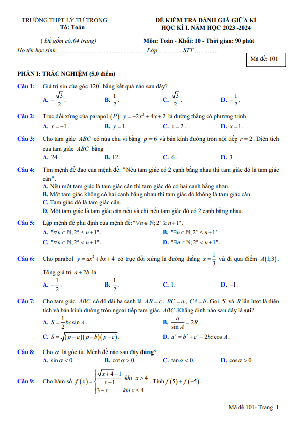 Đề giữa học kì 1 Toán 10 năm 2023 – 2024 trường THPT Lý Tự Trọng – Khánh Hòa