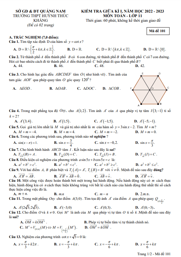 Đề giữa học kì 1 Toán 11 năm 2022 – 2023 trường THPT Huỳnh Thúc Kháng – Quảng Nam
