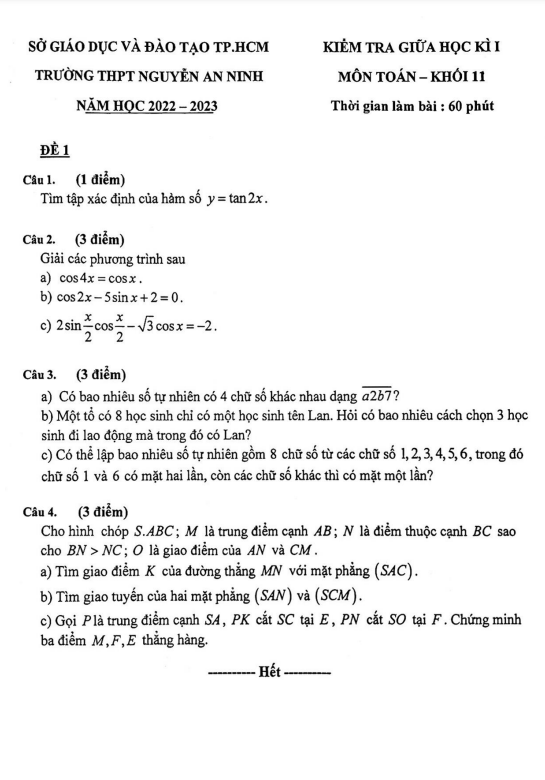Đề giữa học kì 1 Toán 11 năm 2022 – 2023 trường THPT Nguyễn An Ninh – TP HCM