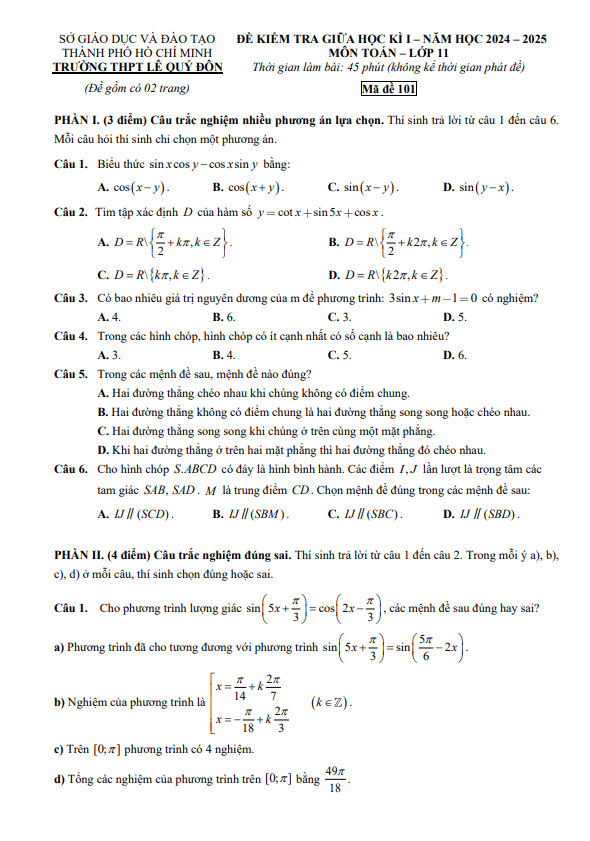 Đề giữa học kì 1 Toán 11 năm 2024 – 2025 trường THPT Lê Quý Đôn – TP HCM