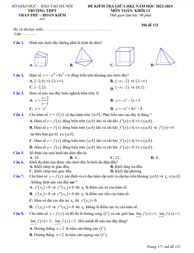 Đề giữa học kì 1 Toán 12 năm 2023 – 2024 trường THPT Trần Phú – Hà Nội