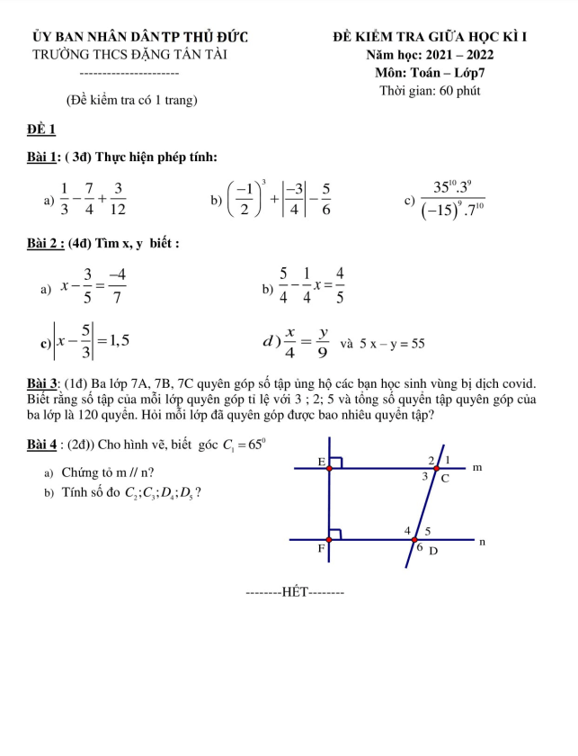 Đề giữa học kì 1 Toán 7 năm 2021 – 2022 trường THCS Đặng Tấn Tài – TP HCM