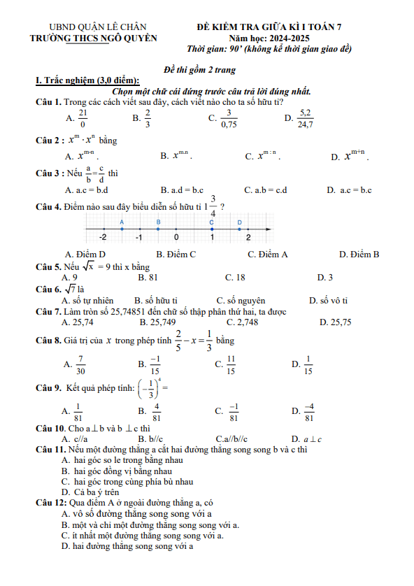 Đề giữa học kì 1 Toán 7 năm 2024 – 2025 trường THCS Ngô Quyền – Hải Phòng
