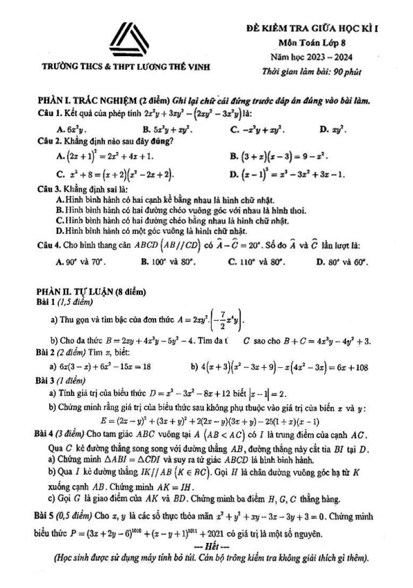 Đề giữa học kì 1 Toán 8 năm 2023 – 2024 trường Lương Thế Vinh – Hà Nội