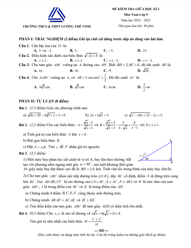 Đề giữa học kì 1 Toán 9 năm 2022 – 2023 trường Lương Thế Vinh – Hà Nội
