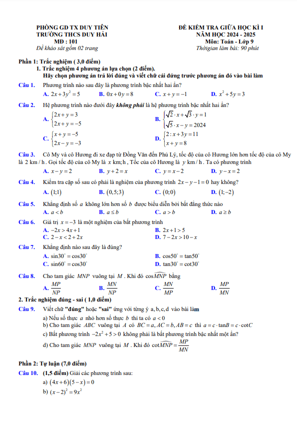 Đề giữa học kì 1 Toán 9 năm 2024 – 2025 trường THCS Duy Hải – Hà Nam