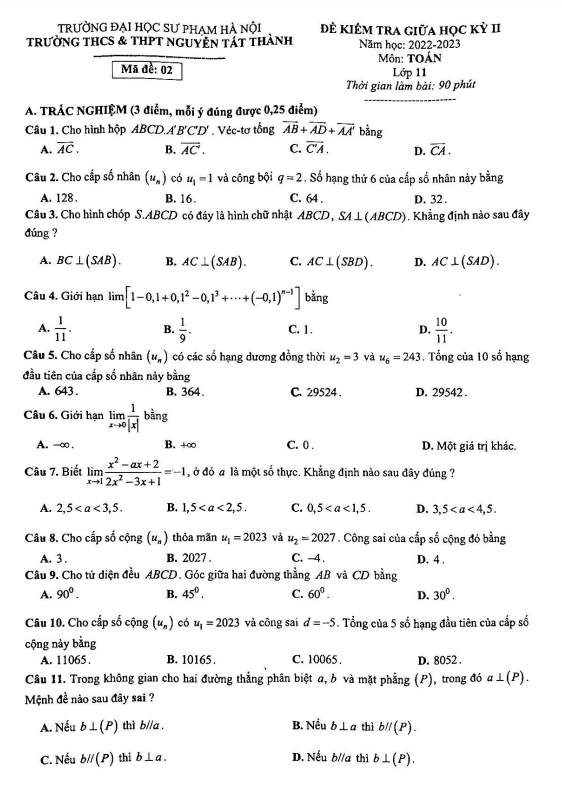 Đề giữa học kì 2 Toán 11 năm 2022 – 2023 trường Nguyễn Tất Thành – Hà Nội