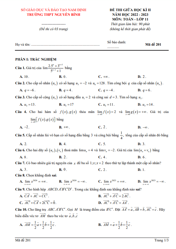 Đề giữa học kì 2 Toán 11 năm 2022 – 2023 trường THPT Nguyễn Bính – Nam Định