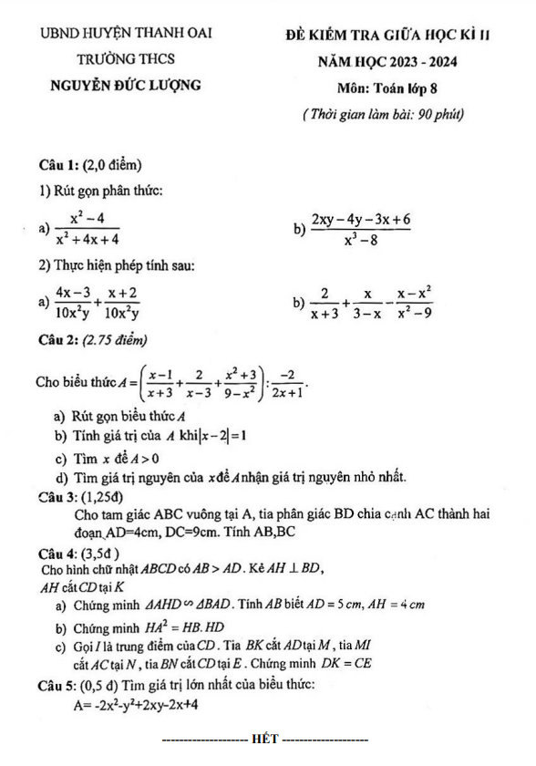 Đề giữa học kì 2 Toán 8 năm 2023 – 2024 trường THCS Nguyễn Đức Lượng – Hà Nội