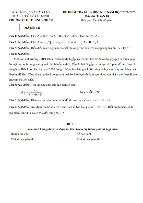Đề giữa học kỳ 1 Toán 10 năm 2022 – 2023 trường THPT Bình Chiểu – TP HCM