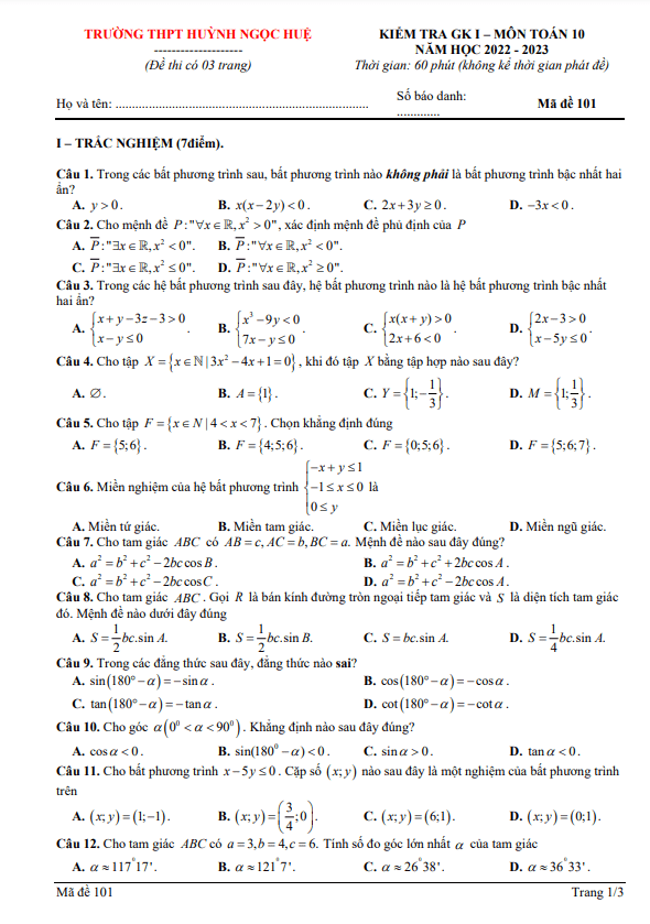 Đề giữa học kỳ 1 Toán 10 năm 2022 – 2023 trường THPT Huỳnh Ngọc Huệ – Quảng Nam
