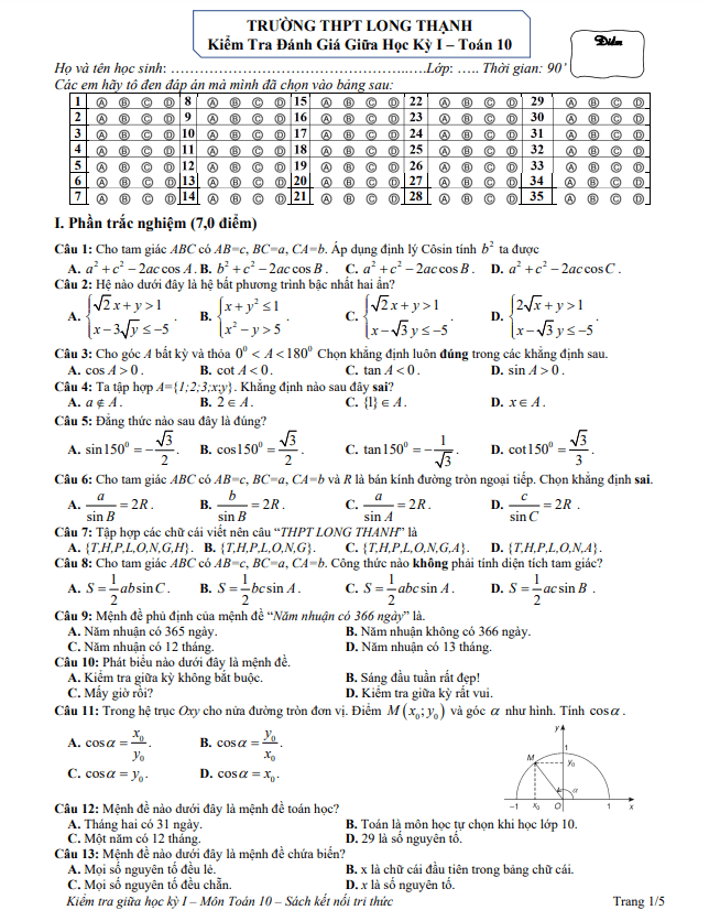 Đề giữa học kỳ 1 Toán 10 năm 2022 – 2023 trường THPT Long Thạnh – Kiên Giang