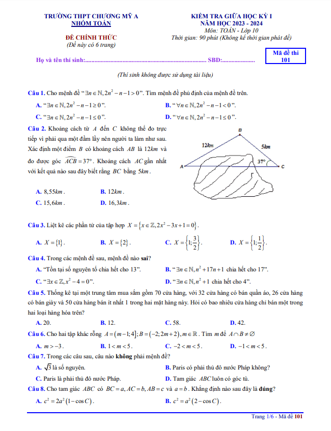 Đề giữa học kỳ 1 Toán 10 năm 2023 – 2024 trường THPT Chương Mỹ A – Hà Nội