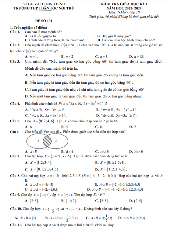 Đề giữa học kỳ 1 Toán 10 năm 2023 – 2024 trường THPT DTNT Ninh Bình