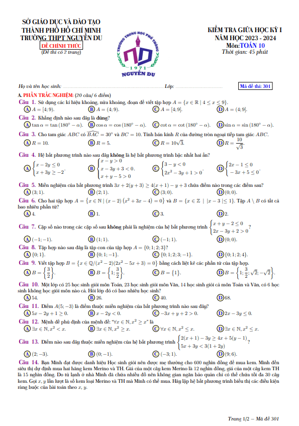 Đề giữa học kỳ 1 Toán 10 năm 2023 – 2024 trường THPT Nguyễn Du – TP HCM
