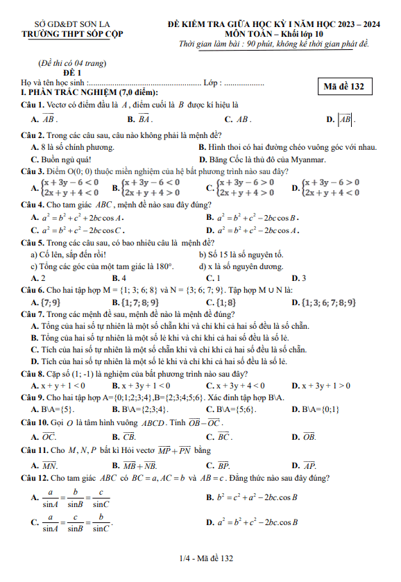 Đề giữa học kỳ 1 Toán 10 năm 2023 – 2024 trường THPT Sốp Cộp – Sơn La