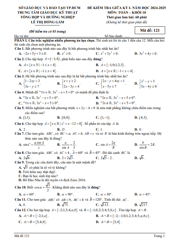 Đề giữa học kỳ 1 Toán 10 năm 2024 – 2025 trung tâm Lê Thị Hồng Gấm – TP HCM