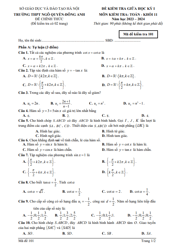Đề giữa học kỳ 1 Toán 11 năm 2023 – 2024 trường THPT Ngô Quyền – Hà Nội