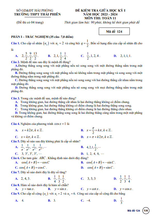 Đề giữa học kỳ 1 Toán 11 năm 2023 – 2024 trường THPT Thái Phiên – Hải Phòng