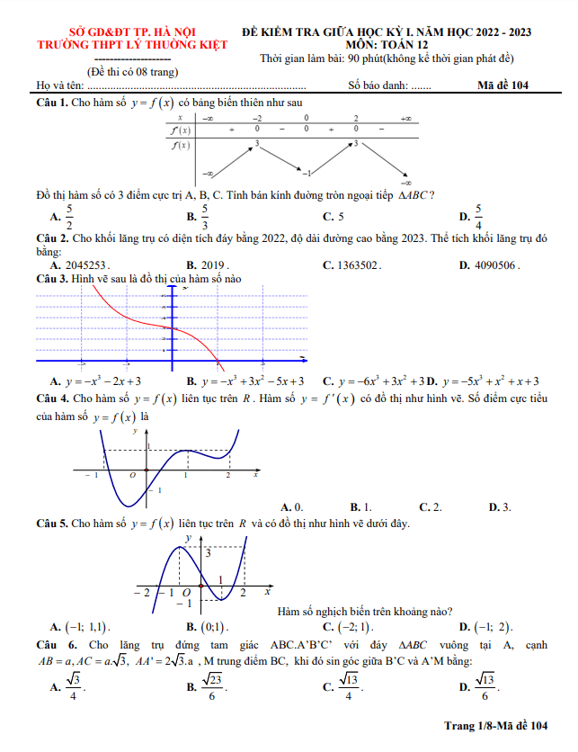 Đề giữa học kỳ 1 Toán 12 năm 2022 – 2023 trường THPT Lý Thường Kiệt – Hà Nội