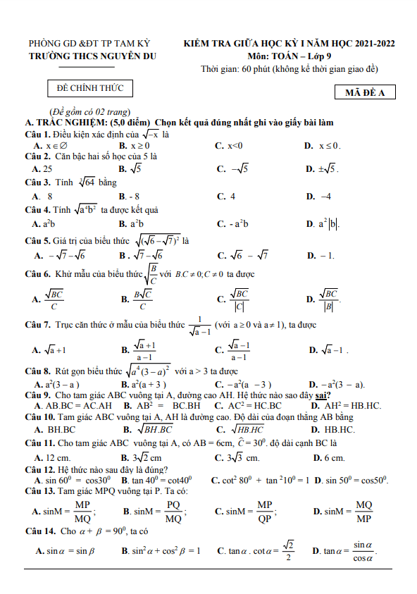 Đề giữa học kỳ 1 Toán 9 năm 2021 – 2022 trường THCS Nguyễn Du – Quảng Nam