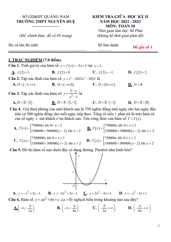 Đề giữa học kỳ 2 Toán 10 năm 2022 – 2023 trường THPT Nguyễn Huệ – Quảng Nam