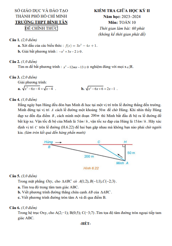Đề giữa học kỳ 2 Toán 10 năm 2023 – 2024 trường THPT Bình Tân – TP HCM