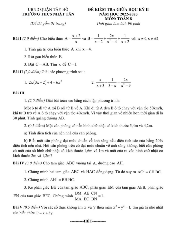 Đề giữa học kỳ 2 Toán 8 năm 2022 – 2023 trường THCS Nhật Tân – Hà Nội