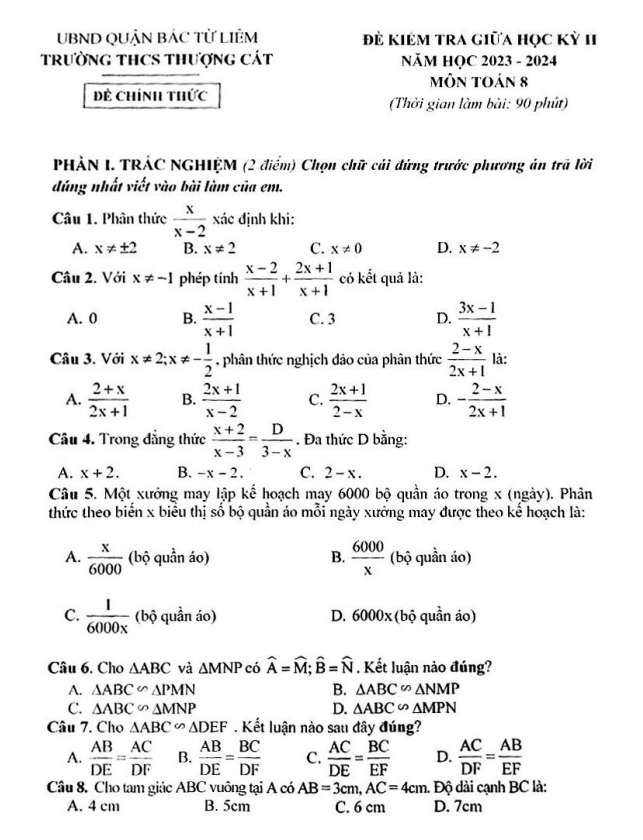 Đề giữa học kỳ 2 Toán 8 năm 2023 – 2024 trường THCS Thượng Cát – Hà Nội