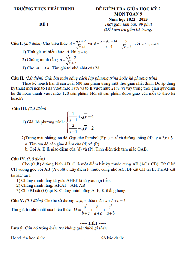 Đề giữa học kỳ 2 Toán 9 năm 2022 – 2023 trường THCS Thái Thịnh – Hà Nội