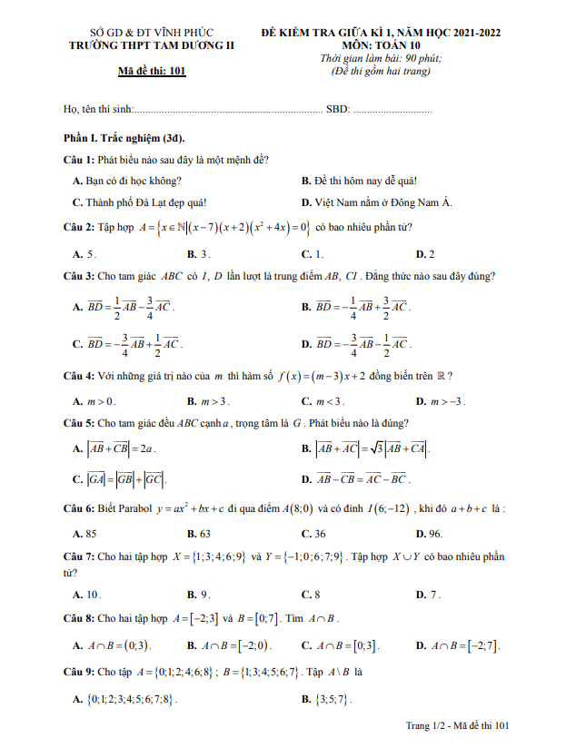 Đề giữa kì 1 Toán 10 năm 2021 – 2022 trường THPT Tam Dương 2 – Vĩnh Phúc