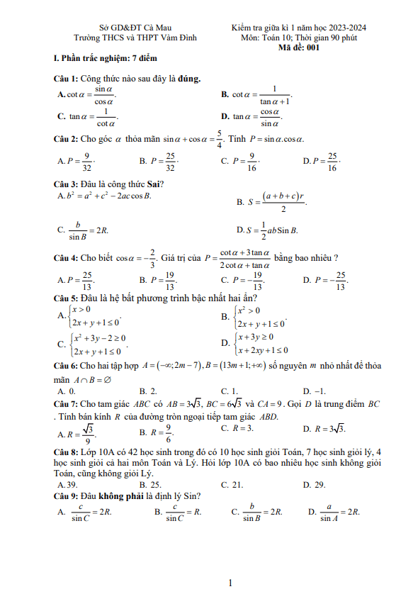 Đề giữa kì 1 Toán 10 năm 2023 – 2024 trường THCS&THPT Vàm Đình – Cà Mau