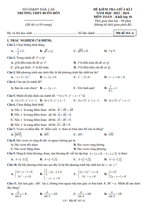 Đề giữa kì 1 Toán 10 năm 2023 – 2024 trường THPT Buôn Đôn – Đắk Lắk