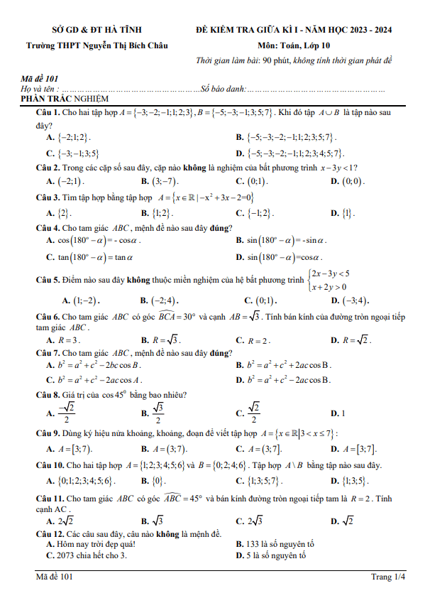 Đề giữa kì 1 Toán 10 năm 2023 – 2024 trường THPT Nguyễn Thị Bích Châu – Hà Tĩnh