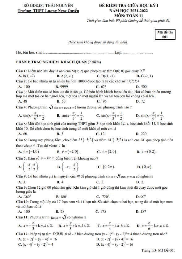 Đề giữa kì 1 Toán 11 năm 2021 – 2022 trường THPT Lương Ngọc Quyến – Thái Nguyên