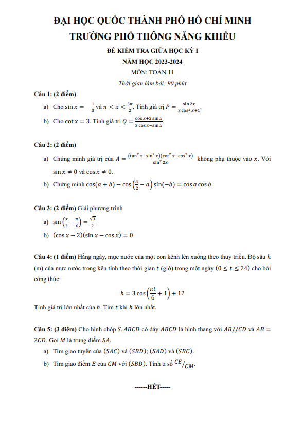 Đề giữa kì 1 Toán 11 năm 2023 – 2024 trường Phổ thông Năng khiếu – TP HCM