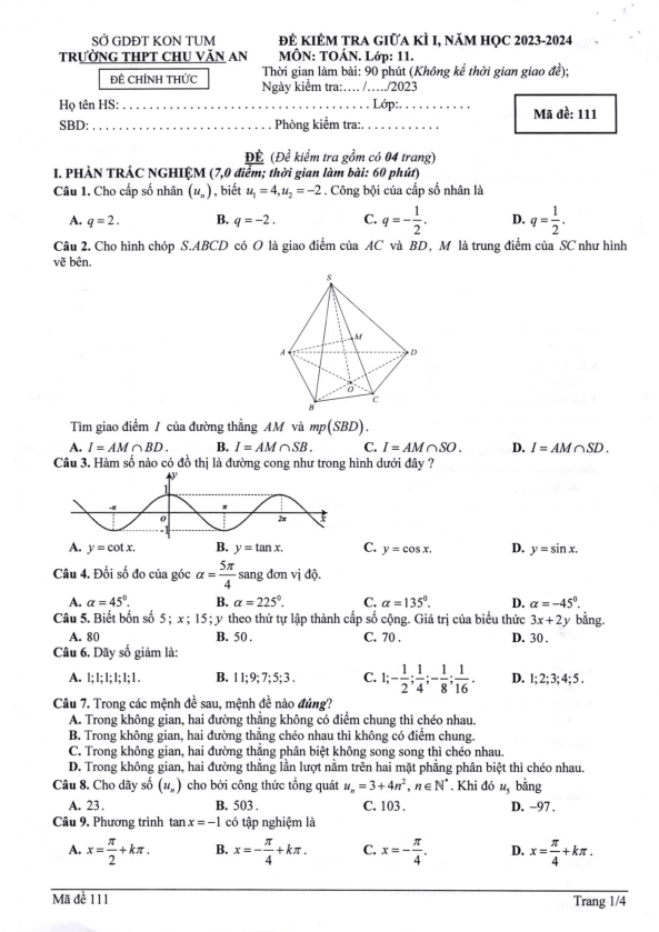 Đề giữa kì 1 Toán 11 năm 2023 – 2024 trường THPT Chu Văn An – Kon Tum