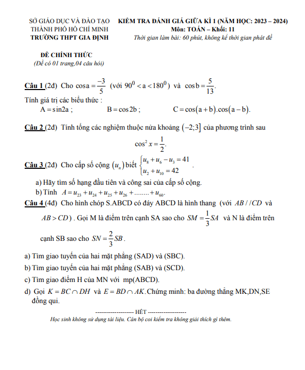Đề giữa kì 1 Toán 11 năm 2023 – 2024 trường THPT Gia Định – TP HCM