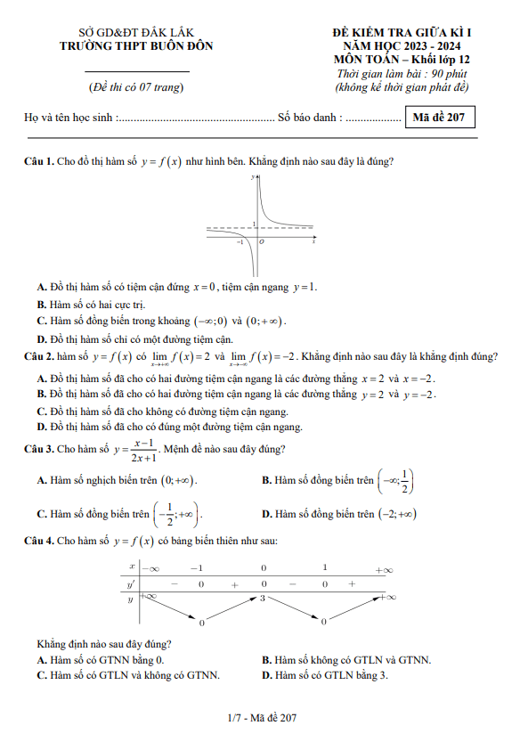Đề giữa kì 1 Toán 12 năm 2023 – 2024 trường THPT Buôn Đôn – Đắk Lắk