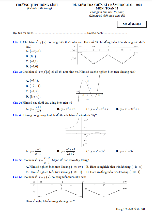 Đề giữa kì 1 Toán 12 năm 2023 – 2024 trường THPT Hồng Lĩnh – Hà Tĩnh